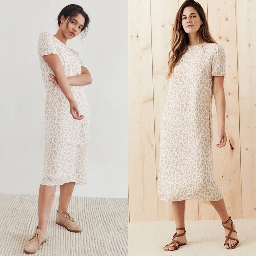 JENNI KAYNE Silk Neutral Animal Print Short Sleeve‎ Crewneck Midi Shirt Dress XS
